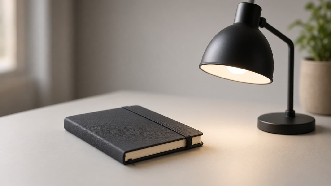 یک دفتر و چراغ روی میز کار