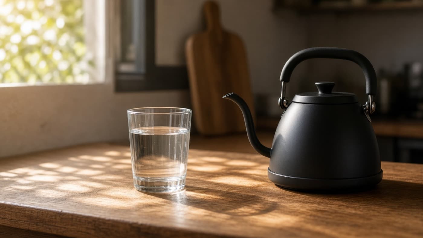 لیوان آب و کتری در نور صبح